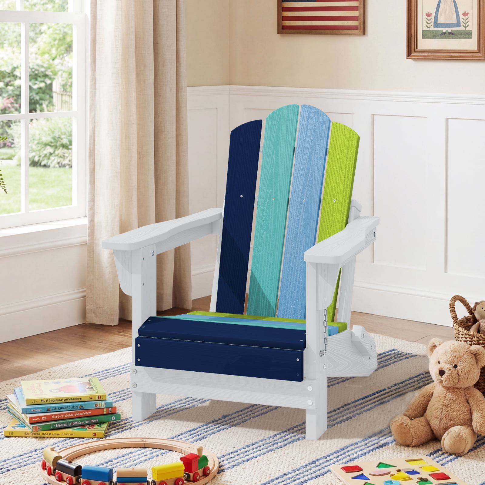 RIAFUN HDPE Adirondack Kids Outdoor Chair, Foldable & Weather-Resistant Toddler Patio Chair for Garden Lawn Yard Deck,Blue-to-Green Gradient