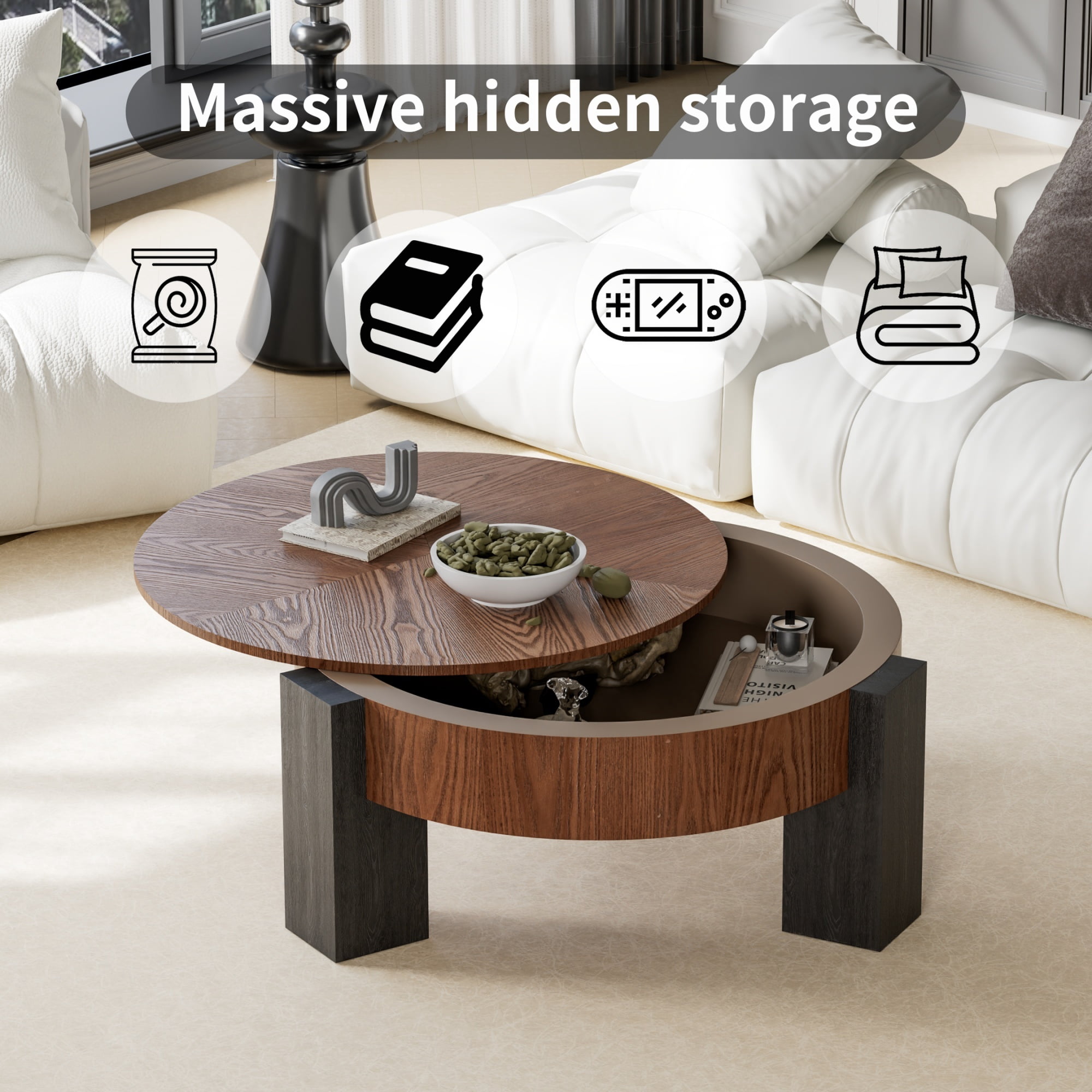 1PCS Round Coffee Table with Hidden Storage Compartment, Modern Wood Veneer Accent Center End Table with 3 Block Legs