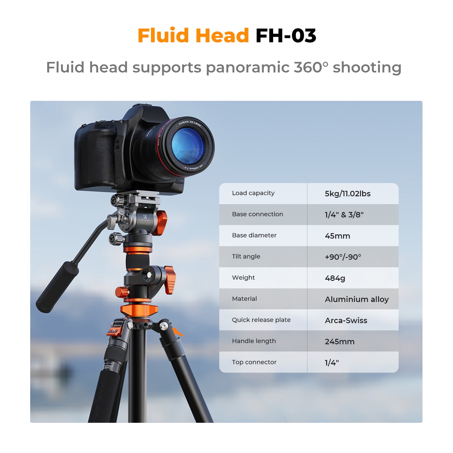 K&F Concept 91 inch/2.3m fluid head tripod video tripod Reversible Detachable Monopod Transverse Center Column horizontal 360 ° panoram