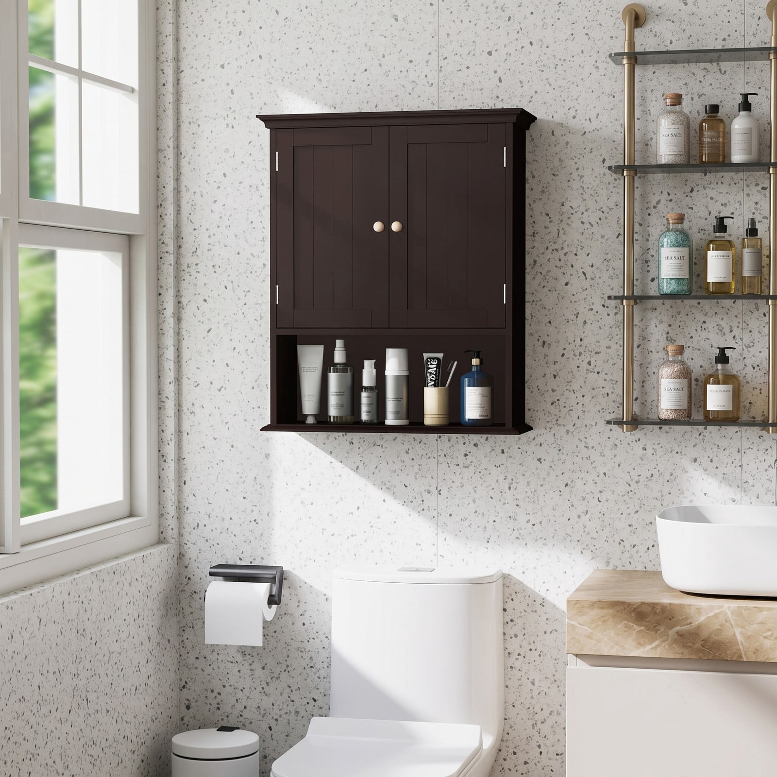 ALPULON Wall Mount Bathroom Cabinet, Space-Saving Wall Storage Organizer with 2 Doors and Adjustable Shelves for Bathroom Kitchen Bedroom Entryway, Coffee Brown
