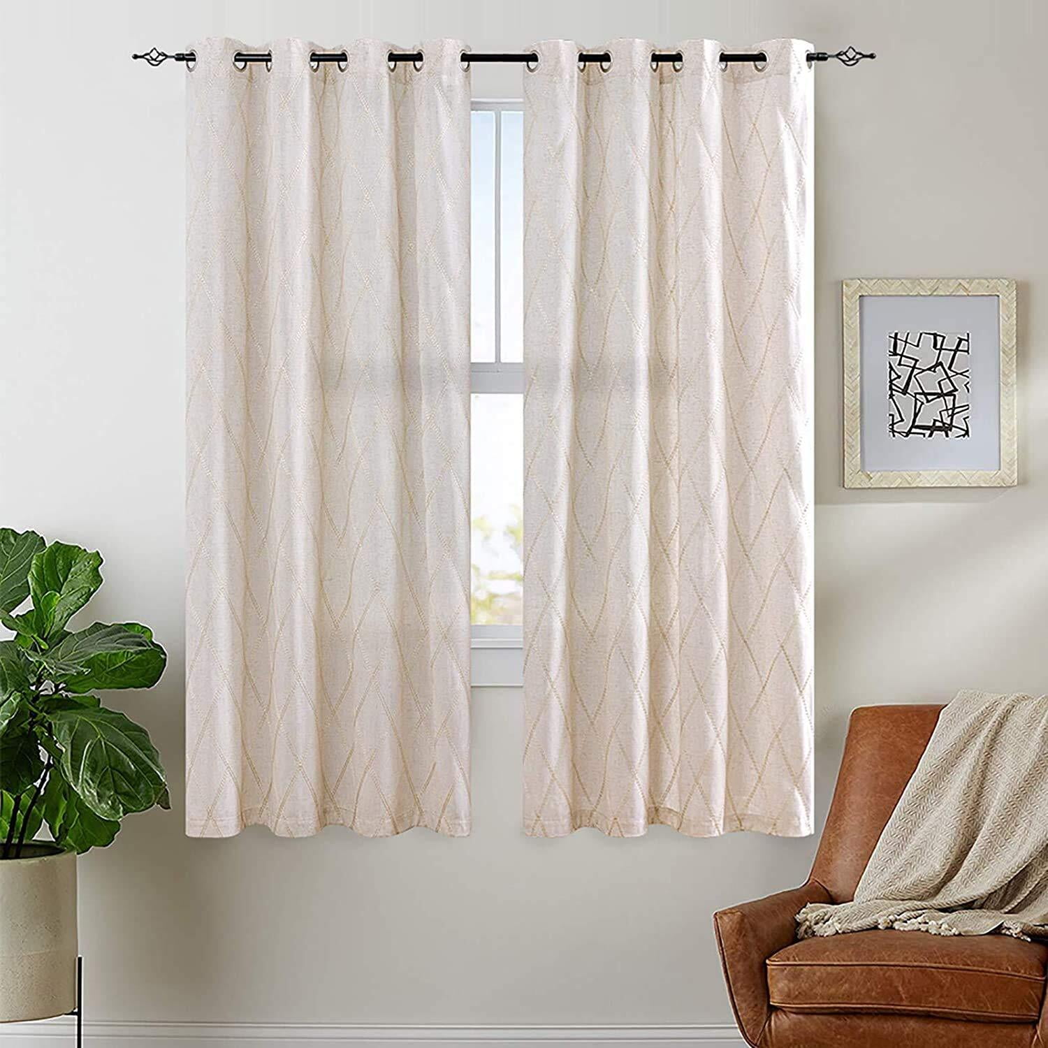 Curtainking Linen Curtains for Living Room 63 inch Farmhouse Diamond Embroidered Flax Window Drapes Light Filtering Grommet Curtains 2 Panels Beige