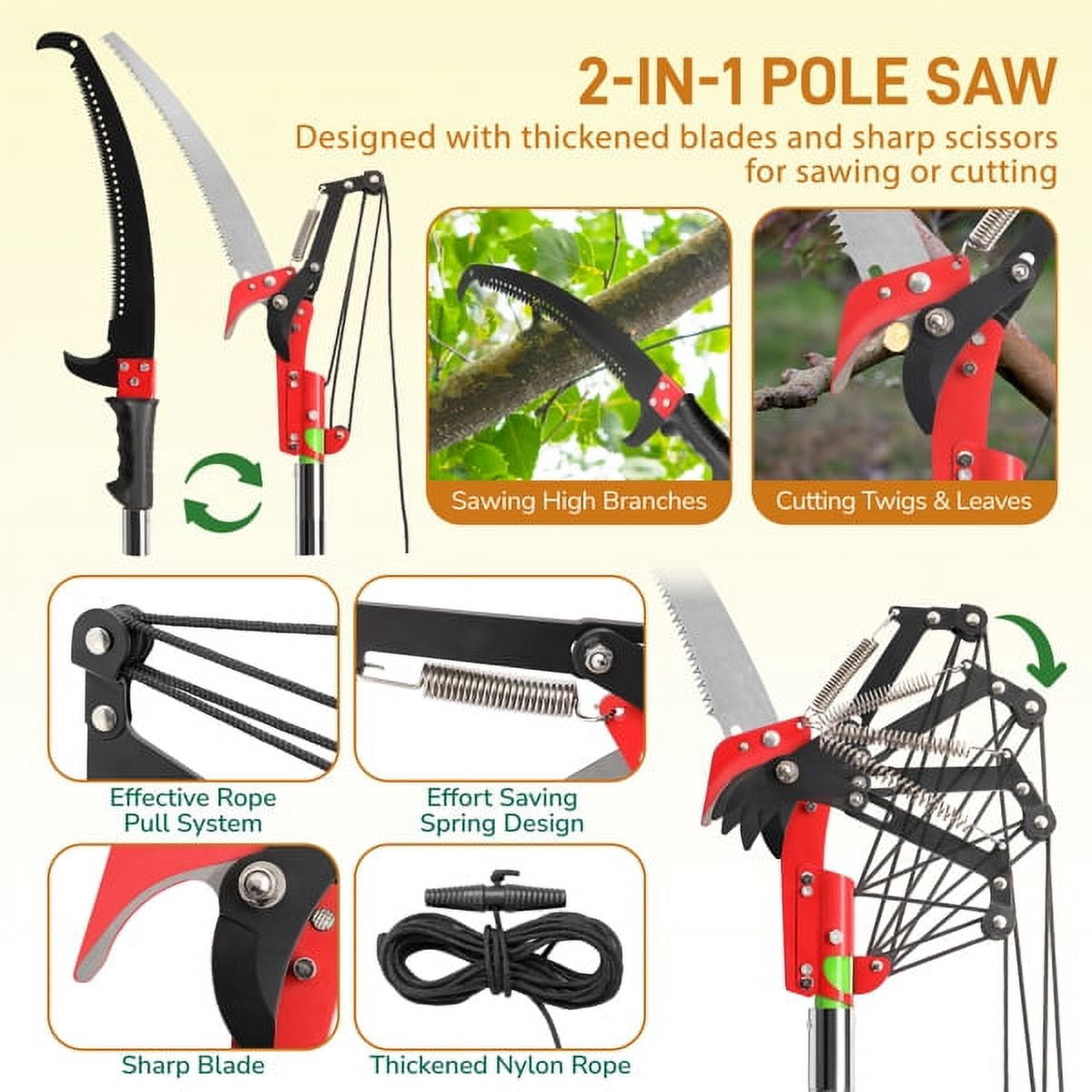 AsterOutdoor 26ft Manual Pole Saw Long Handle Tree Trimmer with Alloy Steel Blade and Scissors, Fiberglass Poles for Palm, Pear, Fir Trees