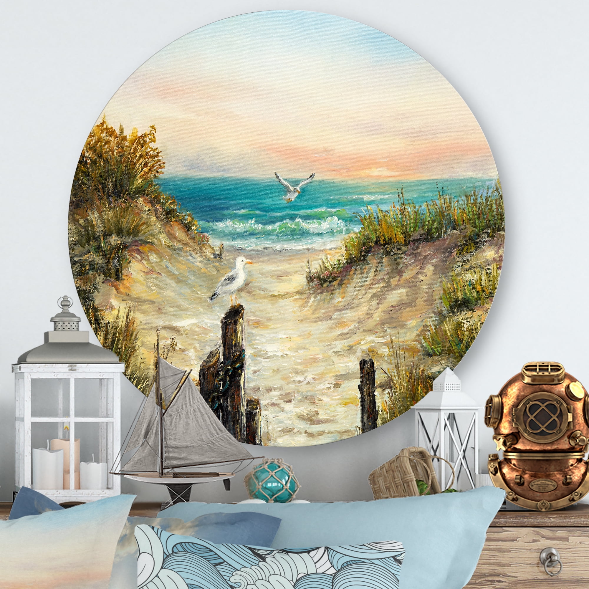 Designart 'Ocean Dunes During Pink Sinset on Beach' Nautical & Coastal Circle Metal Wall Art 23x23 - Disc of 23
