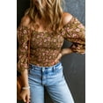 thumbnail image 4 of Women's Green Floral Print Shirred 3/4 Sleeve Off Shoulder Blouse, 4 of 5