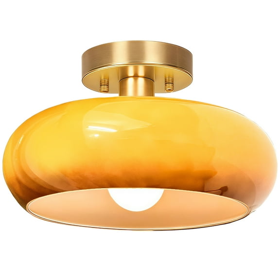 Semi Flush Mount Ceiling Light Mid Century Modern Light Fixture,Hallway Lighting Fixture with Burnt Orange Glass Shade,Vintage Ceiling Lamp for Kitchen,Porch,Entryway,Closet,Bedroom,Living room