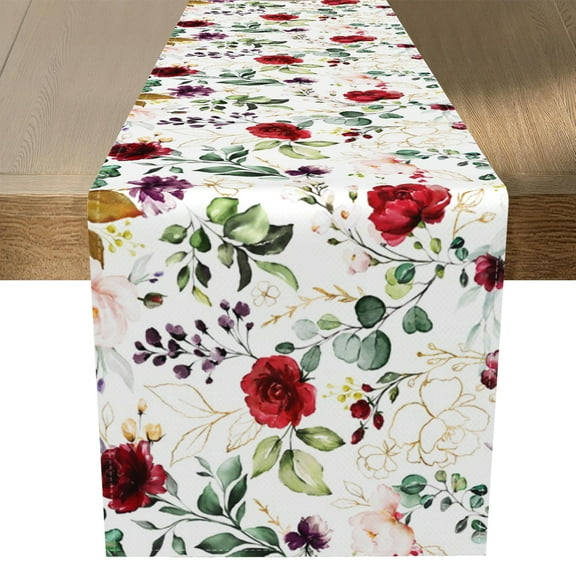MIZHONA Vintage Floral Table Runner,Red Rose Flower Kitchen Dining Table Decoration 13x72 Inch