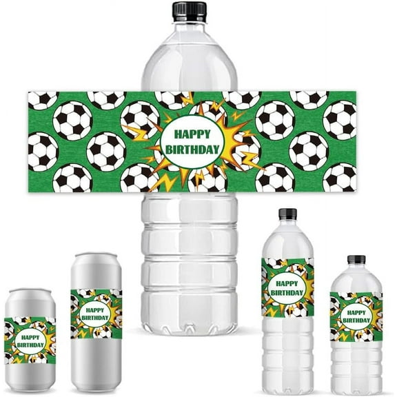 30 PCS Water Bottle Labels Soccer Happy Birthday Water Bottle Wrappers Self-Adhesive Waterproof Stickers for Soccer Party Favor Birthday Party Decorations 8.5x2.5 inches