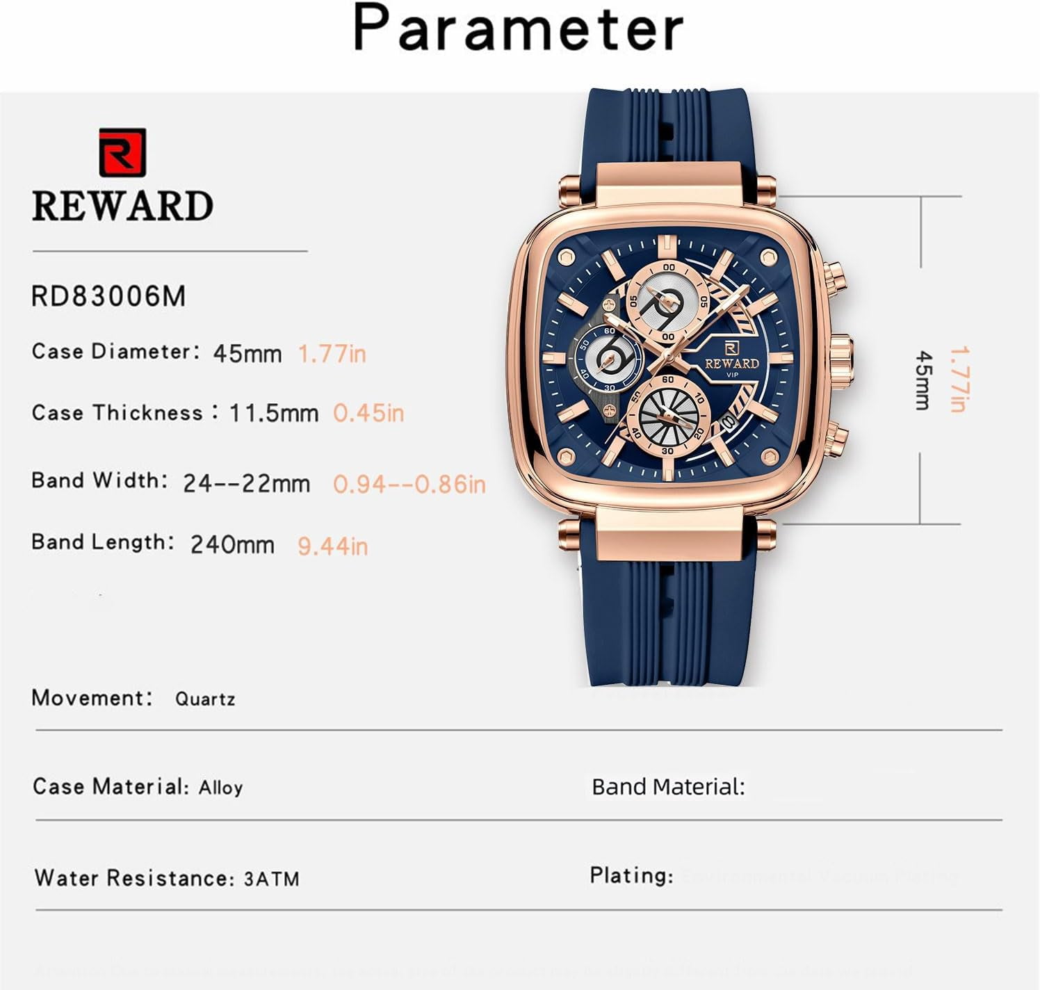 Square Watches for Men, Blue Silicone Chronograph Calendar, Fashion Sports Watch, Luminous Waterproof, Casual Wrist Watches, Rose Gold Case