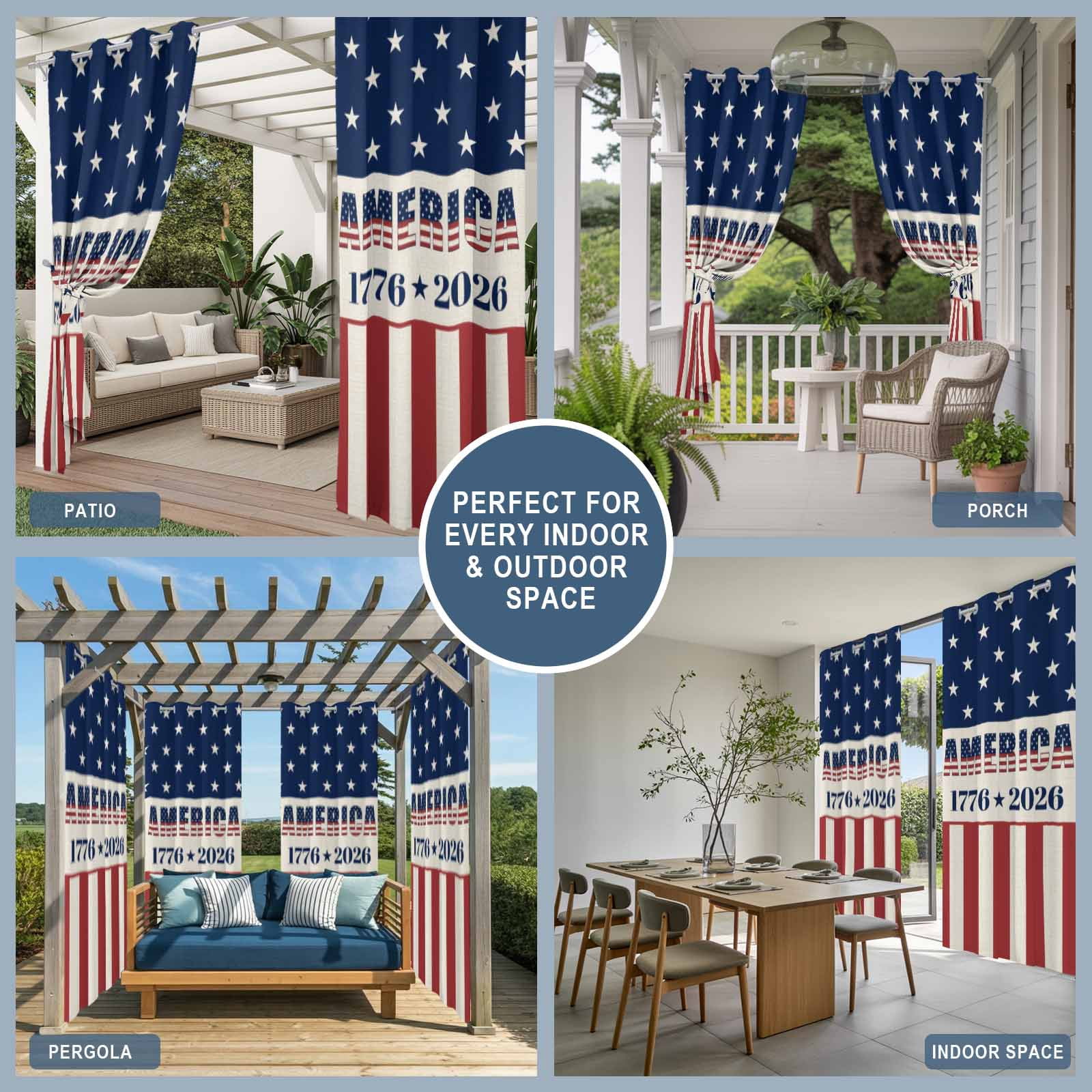 Anniversary Outdoor Curtains for Patio, USA Flag Red Striped Blue Star Sunshade Privacy Drapes Grommet Waterproof Outside Curtains for Porch/Cabana/Balcony 54"x 84", 1 Panel