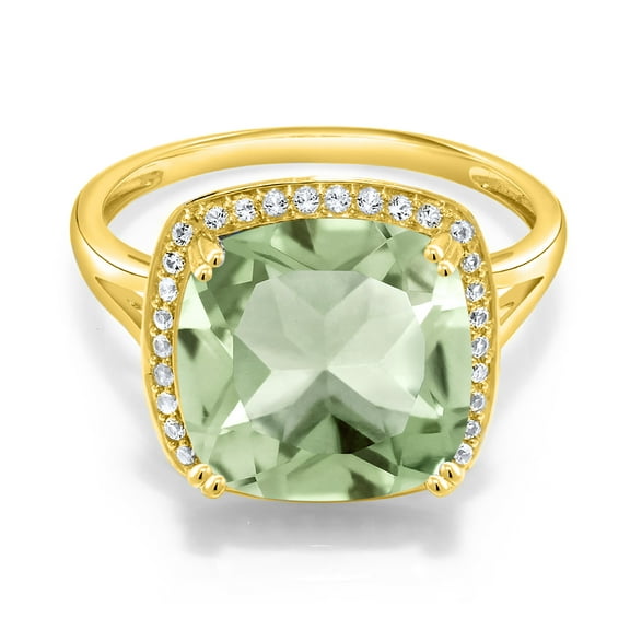 Gem Stone King 6.74 Cttw 10K Yellow Gold Green Prasiolite and White Created Sapphire Ring for Women | Center Cushion Cut 12MM | Gemstone Birthstone | Size 5 to 9