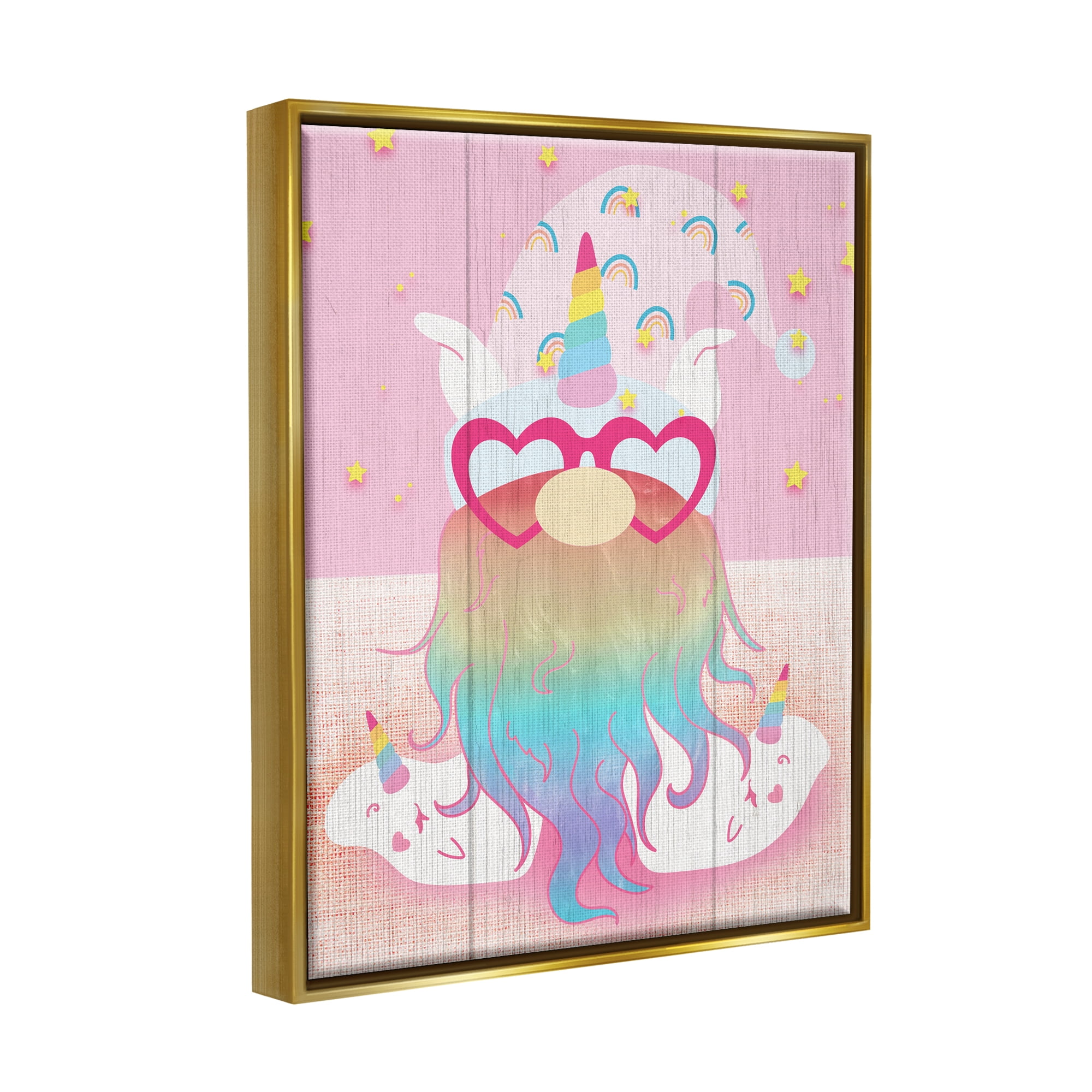 Stupell Pink Rainbow Unicorn Gnome Fairy Tales & Fantasy Painting Gold Floater Framed Art Print Wall Art