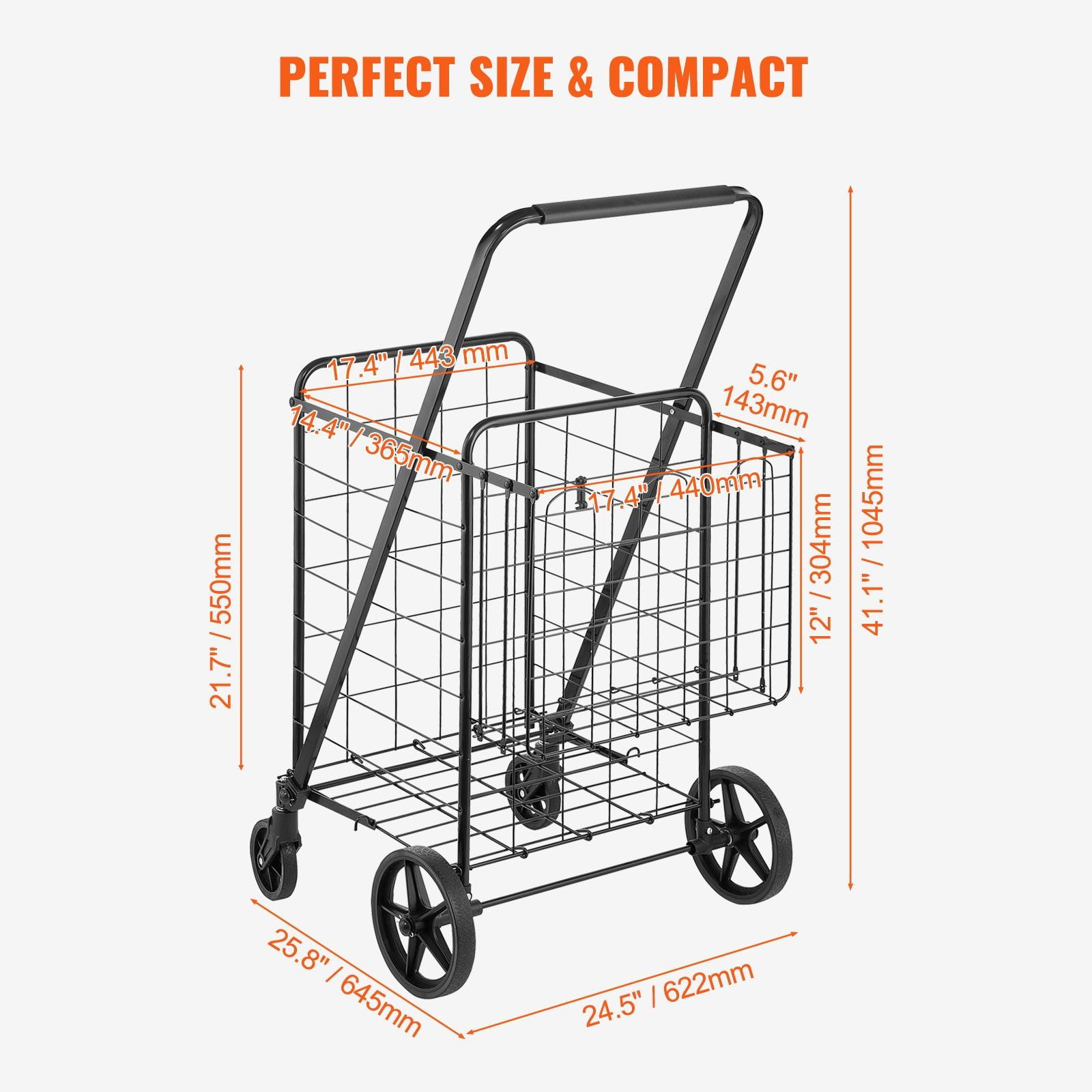 Folding Shopping Cart with Double Baskets, 110 LBS Capacity Heavy Duty Utility Cart, 360° Swivel Wheels, Portable Grocery Cart for Shopping Laundry Luggage