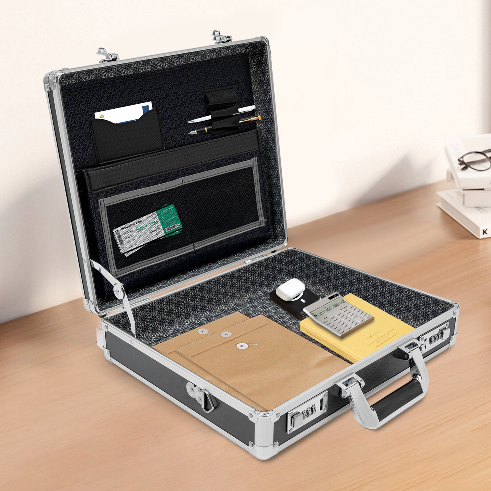 14.96*4.33*13 in Rectangular Black Dual Combination Locks Briefcase Business Briefcases for Men&Women