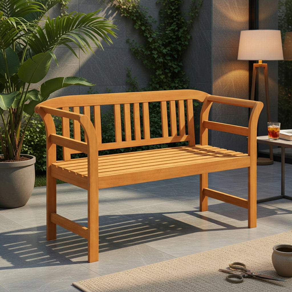 Hommoo Acacia Wood Outdoor Loveseat for 2, Sturdy Patio Bench with Backrest & Armrests, Easy Assembly, Natural