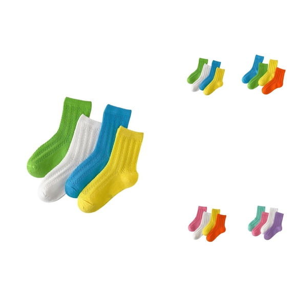 Kids Cartoon Floor Socks, 4-Pair Thin Breathable Summer Autumn Crew Socks with Ribbed Cuffs, Mid-Calf Solid Cotton Mesh Knit Casual Kids Socks