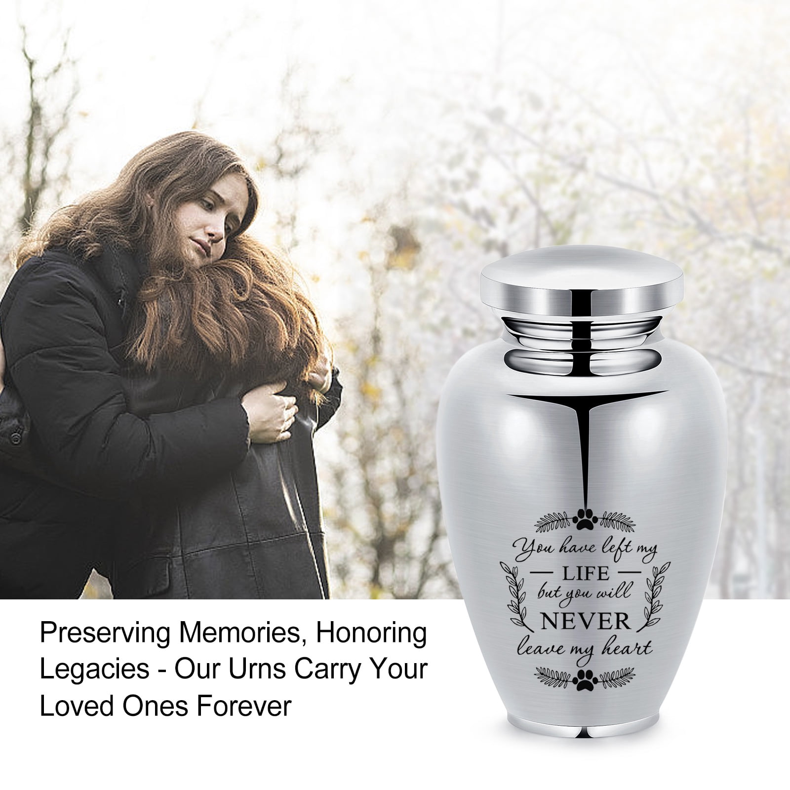 14*24cm Paw Prints Stainless Steel Keepsake Human Pet Urn for Cremation Ashes Large Capacity -You Have Left My Life But You Will Never Leave My Heart