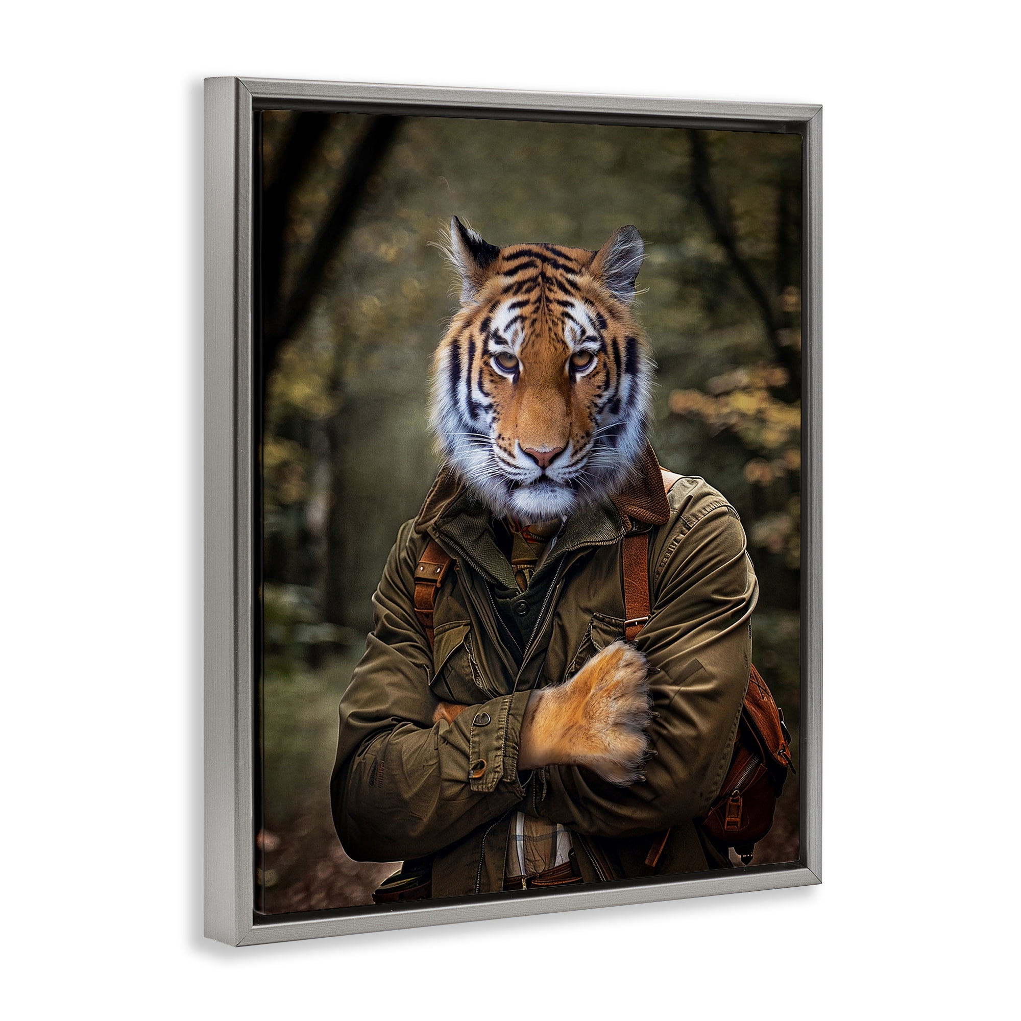 Stupell Industries Tiger in Hiking Attire Animals & Insects Painting Gray Floater Framed Canvas Art Print Wall Art, 17 x 21
