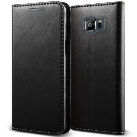 Samsung Galaxy S6 Edge Plus Case - Magnetic Black Genuine Leather Cover with Card Slots Slim Leather Wallet Case for Samsung Galaxy S6 Edge Plus [Folio Kickstand Case]-