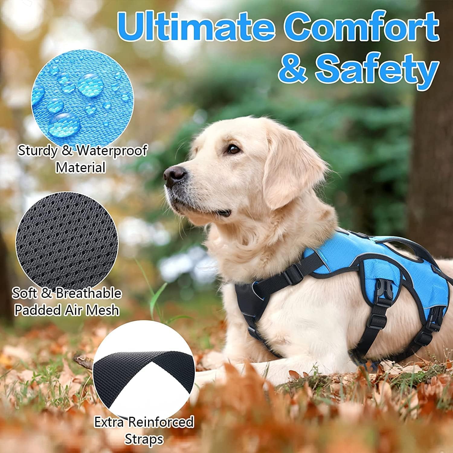 rabbitgoo Escape Proof Dog Harness, Soft Padded Full Body Pet Harness, Reflective Adjustable No Pull Vest with Lift Handle and Lesh Clip for Large Dogs Walking Hiking Training, Blue