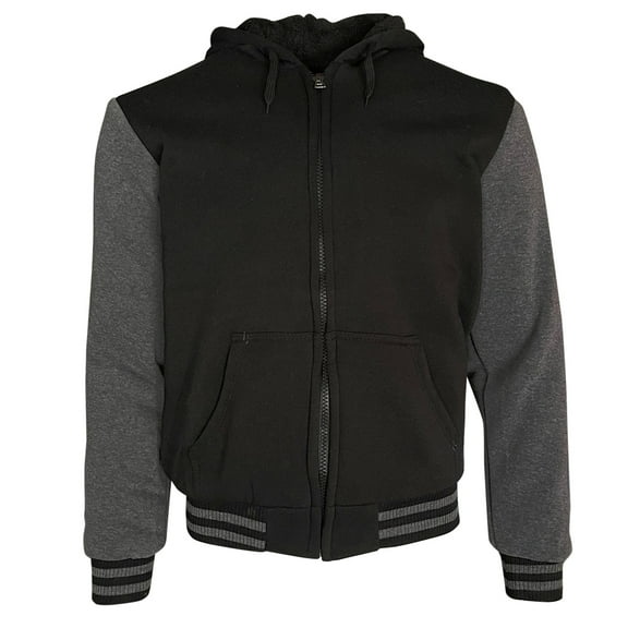 Men's Hoodie Sherpa Lined Plush Full Zip Long Sleeve Varsity Hooded Sweatshirt, Black, XL