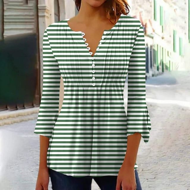RXIRUCGD Blouse T-Shirt Décontractée à Rayures Mode Imprimée Col en V Manches Courtes Ample pour Femmes, Vert, Taille : S