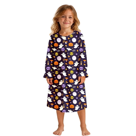 Baby Girl Pajamas Loose Halloween Cartoon Print Crew Neck Long Sleeve Ruffle Trim Nightgown Pjs for Girls Size 7-8 Y