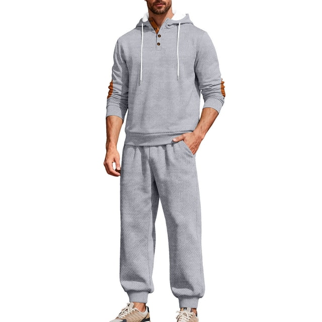 Men's Casual Tracksuit Set with Hooded Top, Long Sleeves, Button Front, Drawstring Waistand Elastic Bottom