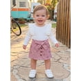 thumbnail image 4 of Loicainy Baby Toddler Girl Fall Outfit 6 12 18 24 Months 2T 3T 4T Solid Ribbed Long Sleeve Tops Floral Skirt with Belt Clothes Set, 4 of 9