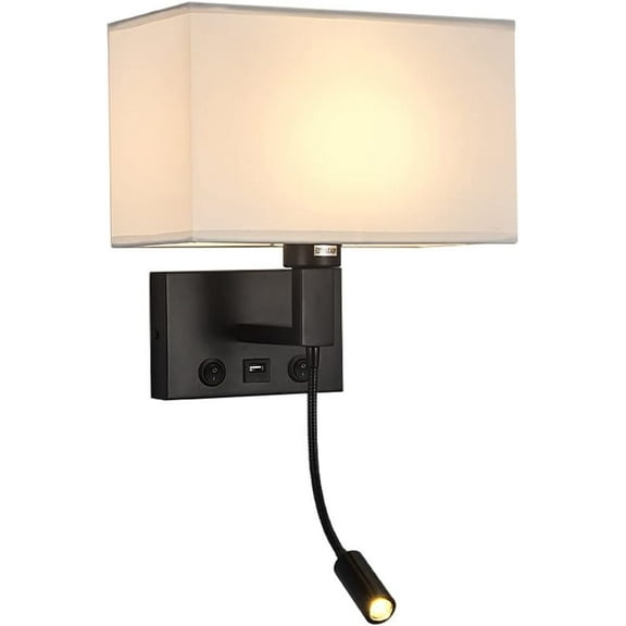 Fabric Wall Lamp Bedroom Wall Mount Reading Light with Switch Modern Black Metal Hardwired Sconce, USB Charging Flexible Gooseneck Bedside Wall Lighting Fixture