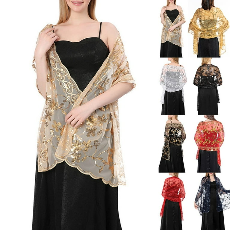 Long Sparkly Sequin Sheer Tulle Lace Embroidery Shawl Wrap Scarf Evening Wedding Golden Walmart