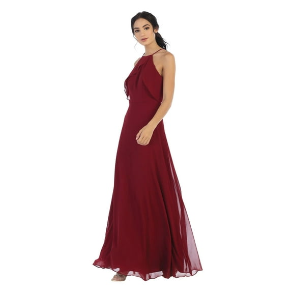 Women's Eva USA 3315 Long Bridesmaids Ruffle Halter Chiffon Dress Burgundy 2XL