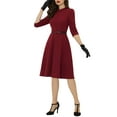 thumbnail image 4 of INSPIRE CHIC Women's Vintage Dress 3/4 Sleeves Stand Collar Office A-Line Dress L Wine Red, 4 of 6