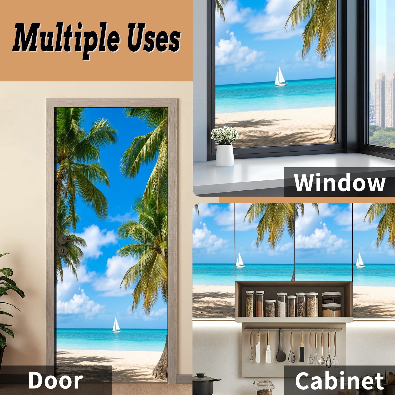 Self Adhesive Vinyl Refrigerator Wrap Set paradise tropical beach palm Door Mural Removable Fridge Sticker Peel and Stick&nbsp;Full Door Cover Decal Kitchen Bar Decor