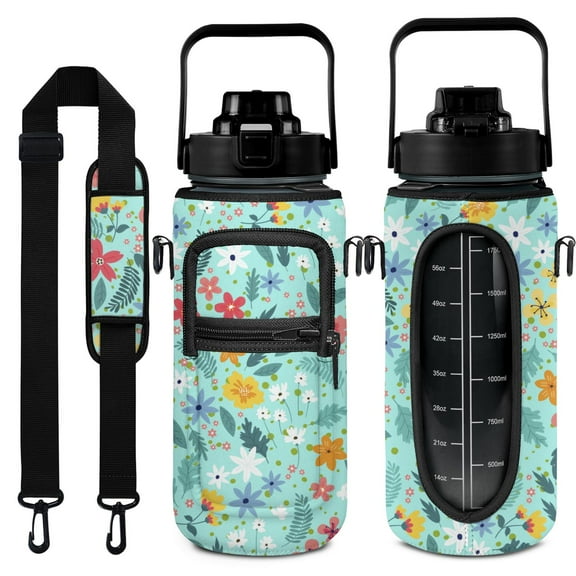 Boho Wildflowers 64 Oz Half Gallon Water Bottle with Sleeve - BPA Free Leakproof Sport Large Plastic Water Bottle with Straw &Time Marker&Insulated Neoprene Holder Carrier Bag Gift for Women Men