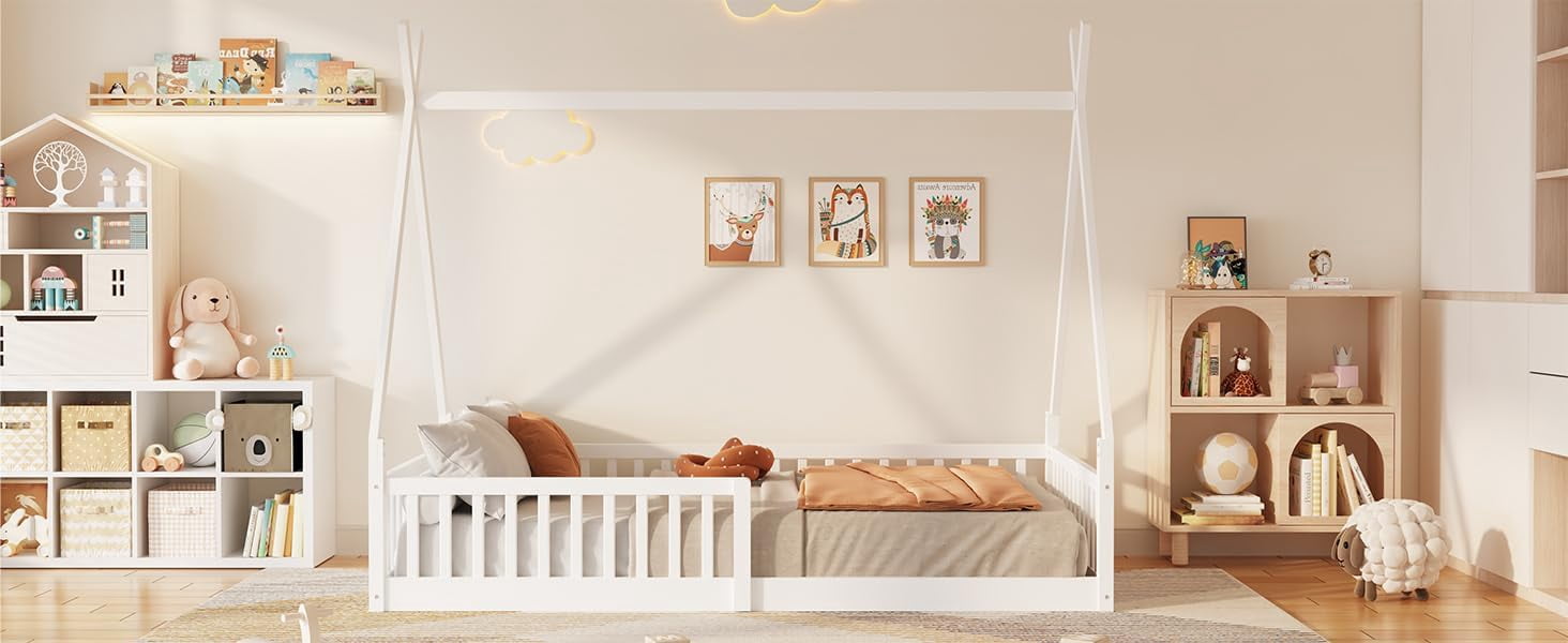GLZ'HOME Twin House Bed with Fence, Modern Wood Montessori Floor Bed Frame Twin with Guardrails for Boys and Girls Bedroom, No Box Spring Needed (White)