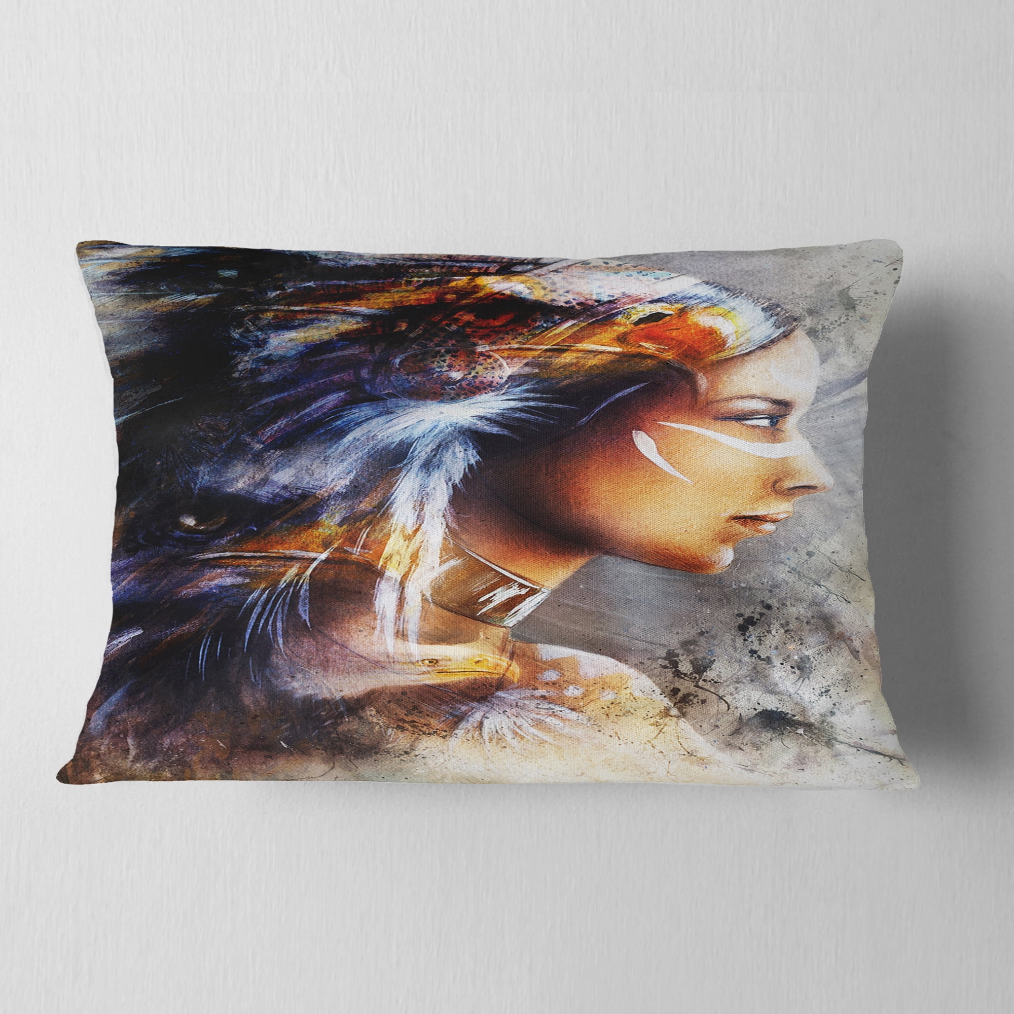 Designart Woman with White Horse Eagles - Indian Throw Pillow - 12x20