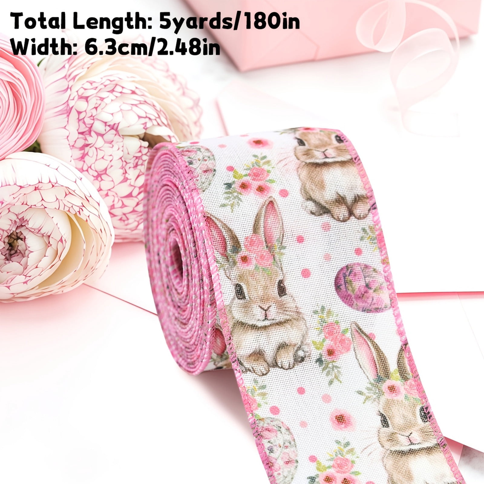 DAMAI Easter Wired Edge Ribbon Spring Floral Bunny Wired Ribbon Watercolor Easter Rabbit Flower Fabric Craft Ribbon for Gift Wrapping Floral Arrangement Wreath Bow DIY Crafts