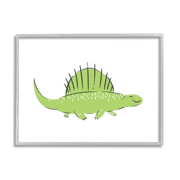 Stupell Industries Happy Green Dinosaur Small Finned Kids' Reptile Animals & Insects Painting Gray Framed Art Print Wall Art, 24 x 30