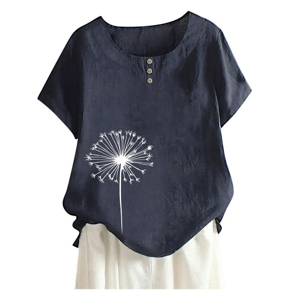 ZQUUVOU Womens T-Shirts Casual Short Sleeve Round Neck Printed Button Loose Fit Tops(Navy,L)