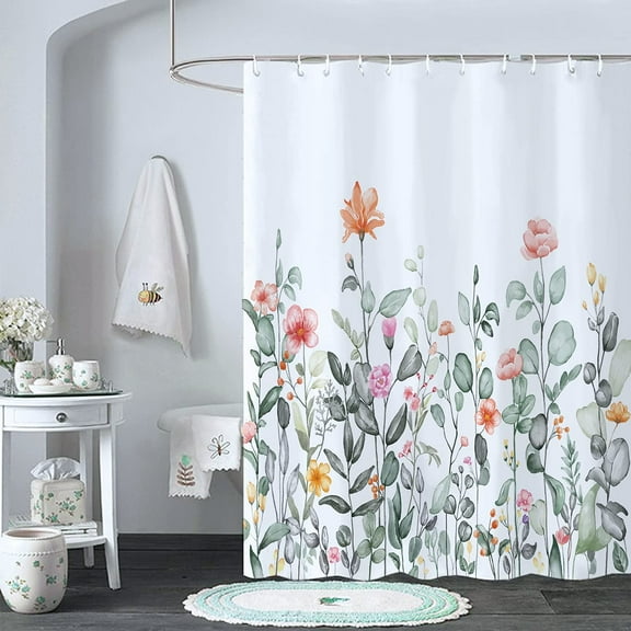 Floral Shower Curtain Colorful Flower Fabric Bathroom Curtains Set with 12 Hooks Watercolor Decorative Modern Accessories, Waterproof and Machine Washable (72" X 72")