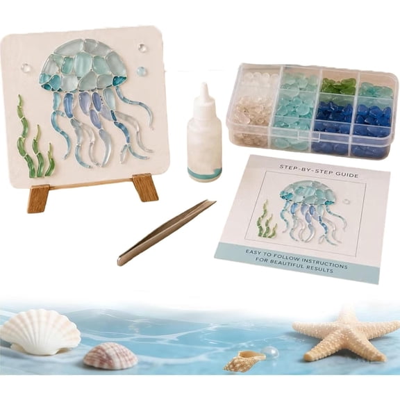 Sea Glass Mosaic Art Kit, Complete DIY Ocean Craft Set with Easel, Coastal Home Tabletop Wall Decor for Adults Beginners