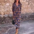 thumbnail image 2 of Women Fall Spring Dress V Neck Three Quarter Puff Sleeves Printed Loose Retro OL Commuting Dating Midi Dress, 2 of 7