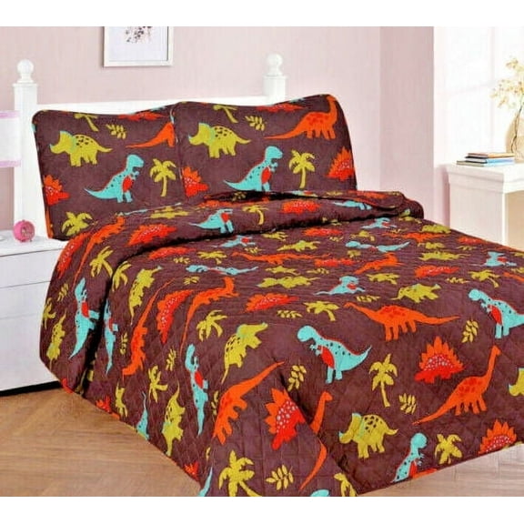 3-PC FULL DINOSAUR BROWN Bed Cover Bedspread Coverlet Quilt Set for Kids and Teens