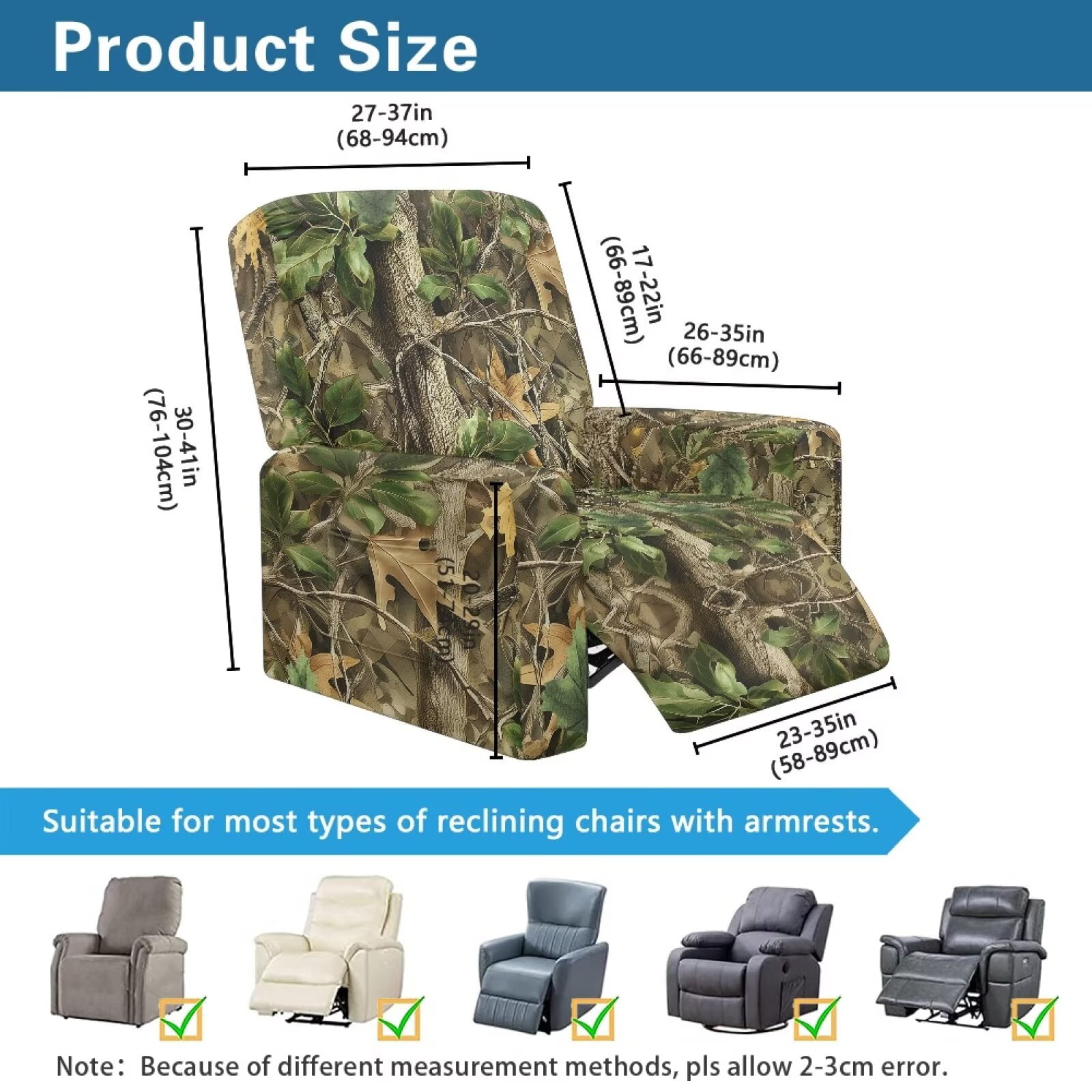 Yuyamidu Camo Reclining Chair Covers 4 Pieces Hunting Recliner Sofa Slipcovers with Pocket Easy to Install Single-Seater Sofa Slipcovers 4 Pieces Soft Furniture Protector