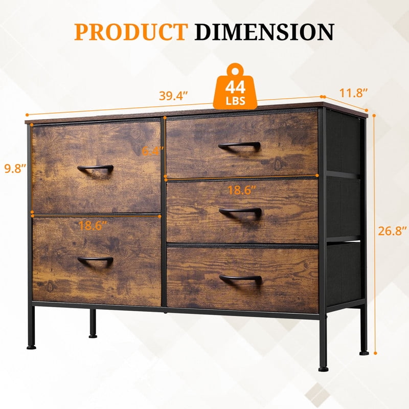 Simenmax 5-Drawer Fabric TV Stand, 39.4-Inch Entertainment Center with Wood Top & Sturdy Metal Frame, Storage Dresser for Bedroom, Living Room, Hallway, Brown