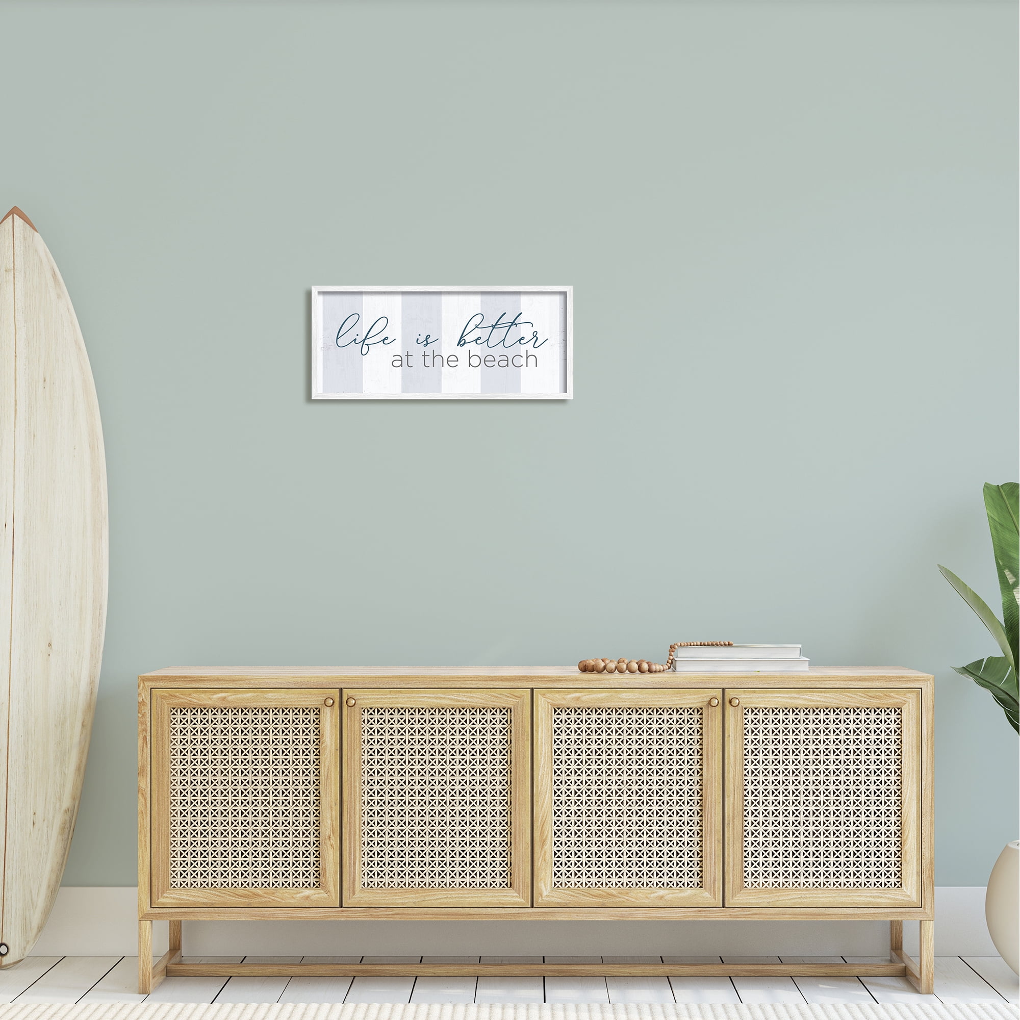 Stupell Industries Life Better at Beach Striped Nautical Typography Sign Graphic Art White Framed Art Print Wall Art, Design by Anna Quach
