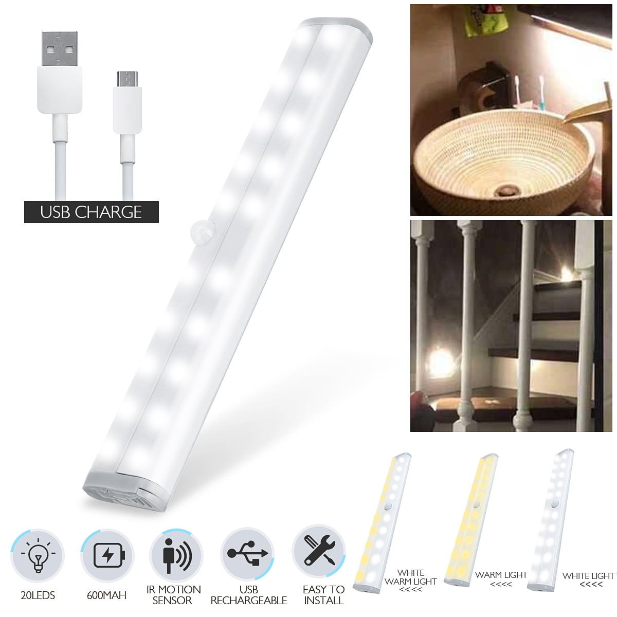 Motion Sensor Wardrobe Light 40LED USB Rechargeable Cupboard Closet Light Motion Light Activated Wireless Removable Magnetic Stick-On Night Lighting for Wardrobe Under Cabinet Stairs 