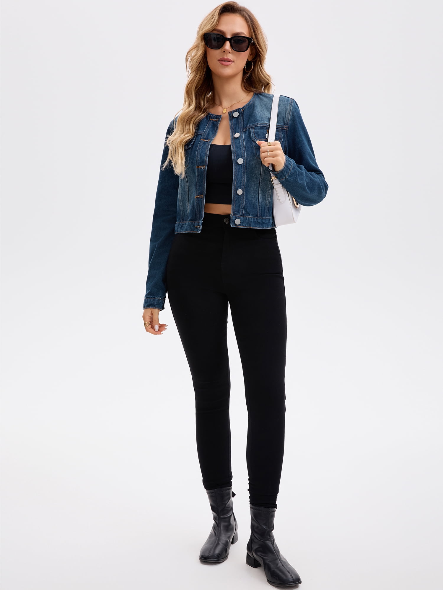 DARING DIVA Women's Collarless Button Down Long Sleeve Denim Jacket S Dark Blue