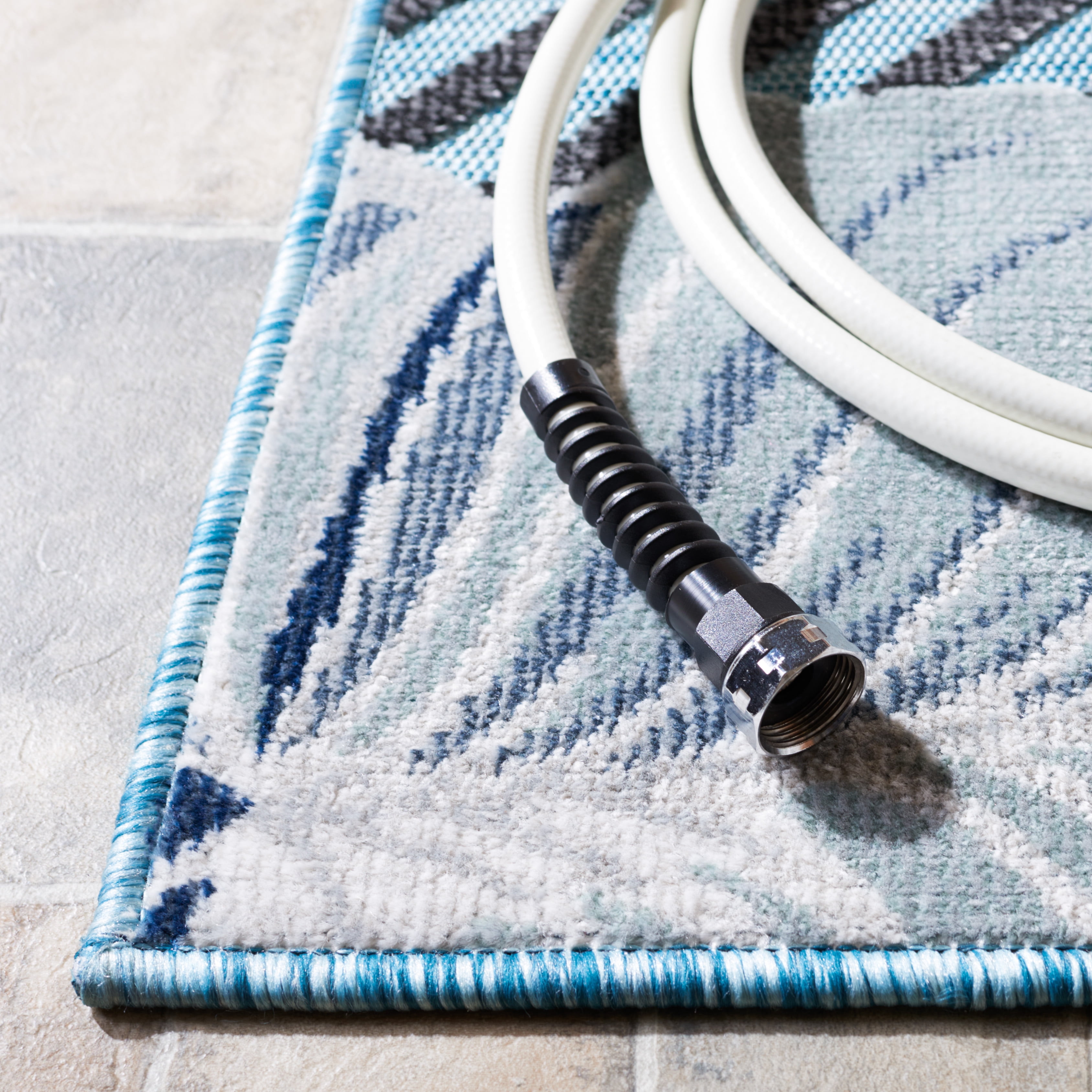 SAFAVIEH Cabana Salima Botanical Indoor/Outdoor Runner Rug, Aqua/Navy, 2' x 10'