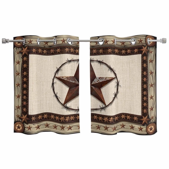 Country Texas Star Kitchen Curtains Small Short 39 Inch Length, Brown Farmhouse Vintage Wooden Grommet Top Bedroom Living Room Curtains, Light Filtering Cafe Curtain Drapes 2 Panels Set 55''x39''